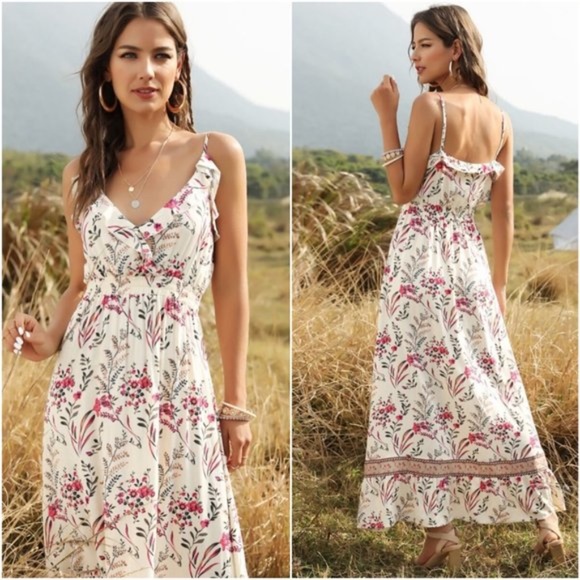 Boho pink floral print v neck ruffle cami dress - Picture 2 of 3